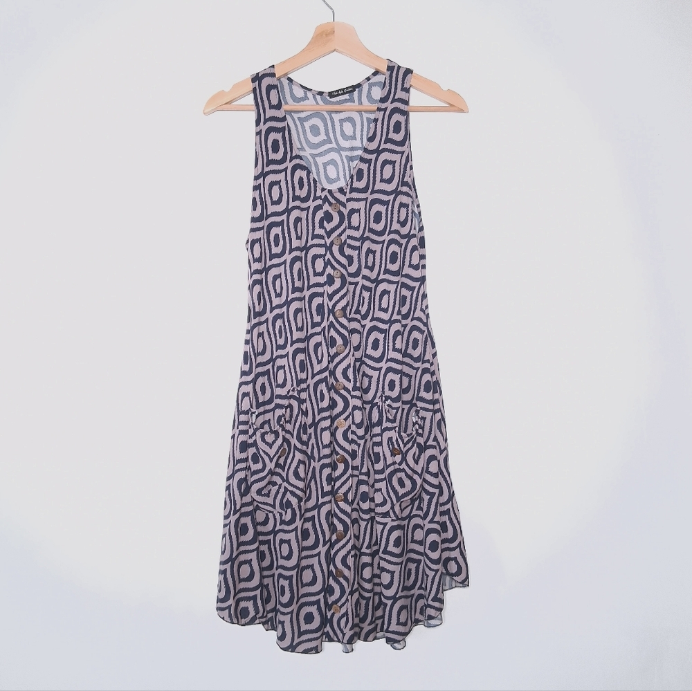 Sundress sleeveless a-line dress rayon purple & blue boho geometric print